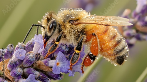 A stunning macro shot of a bee covered in water droplets on a lavender flower.