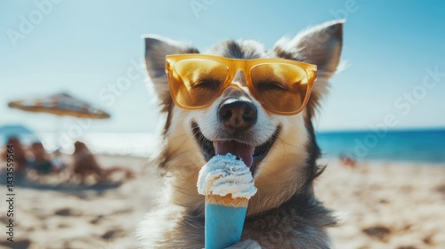 Dog wearing sunglasses enjoys ice cream, basking happiness, relishing summer treat by ocean.