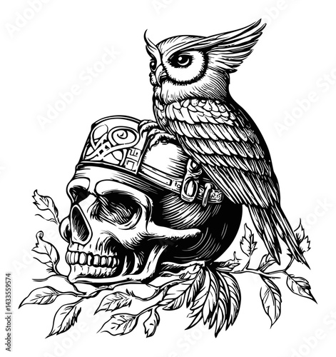 Intricate Engraving of Skull and Owl with Floral Accents