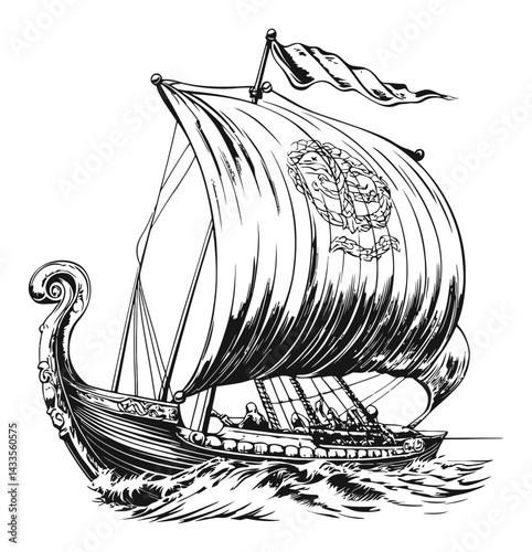 Detailed Engraving of a Traditional Sailing Ship Illustration