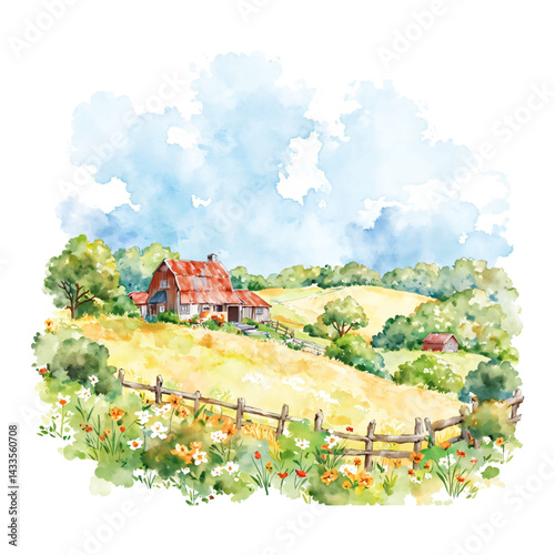 Scenic Beautiful Farm View with Barn and Landscape Isolated Hand Drawn Watercolor Illustration