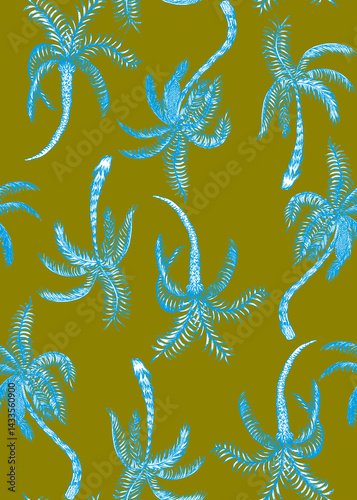 Abstract Hand Drawing Two Colors Flowers and Leaves Seamless Vector Pattern Isolated Background Seamless vector floral pattern in Hawaiian style with big flowers. Silhouette flower pattern for textile