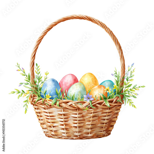Colorful Easter Eggs with Flowers in the Basket Isolated Hand Drawn Watercolor Painting Illustration
