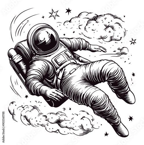 Astronaut Floating in Space with Stars and Clouds Engraving Illustration