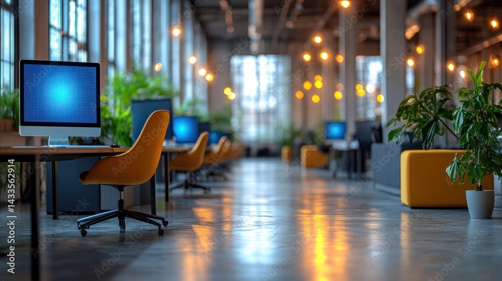 Modern empty office interior with computers and plants. Modern empty office interior with computers and plants.
