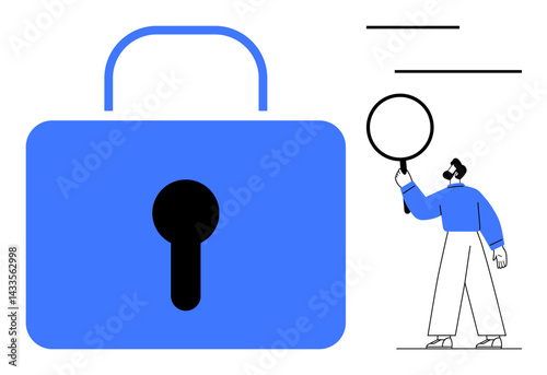 Oversized blue lock symbol paired with a man holding a magnifying glass, inspecting security. Ideal for cybersecurity, data protection, privacy, digital threats, research, investigation, simple