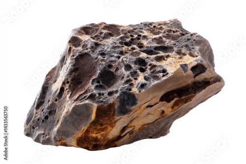 Intricate space rock showcases pitted surface and mineral veins under bright light against white background
