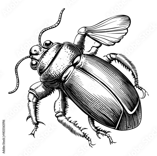 Detailed Black and White Engraving of a Beetle Illustration