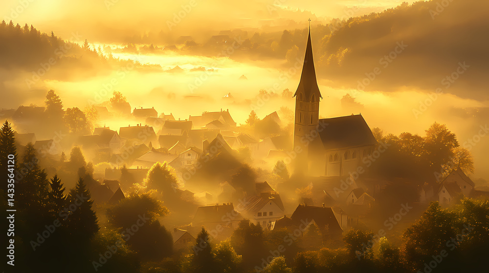 Obraz premium Village veiled in morning fog, the church spire a beacon amidst the soft golden light. spire. illustration. Veil Spire. Illustration