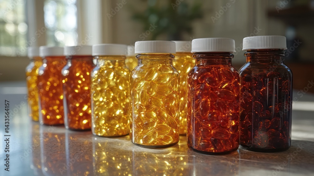 Amber glass bottles filled with various colored softgel capsules. Amber glass bottles filled with various colored softgel capsules.