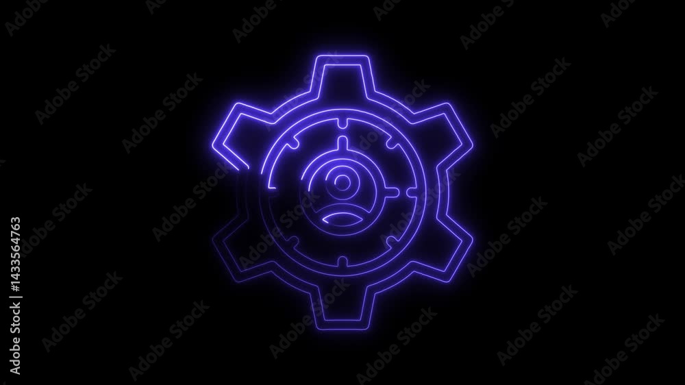Neon gear icon with target reticle glowing on black background Neon gear icon with target reticle glowing on black background