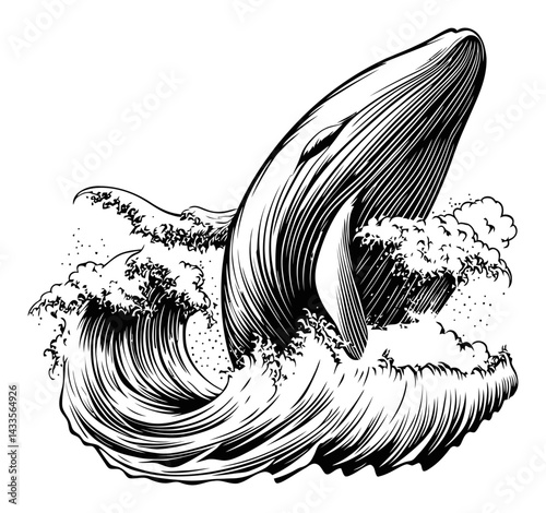 Majestic Whale Engraving Surging Through Ocean Waves Illustration