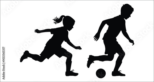 Silhouette Of Boy And Girl Playing Soccer Kicking Ball On White Background