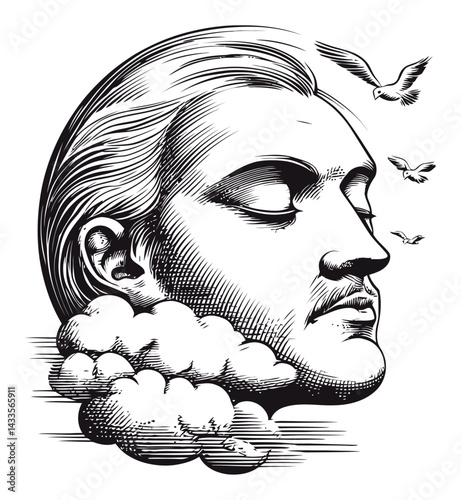 Intricate Black and White Engraving of a Dreaming Man with Clouds