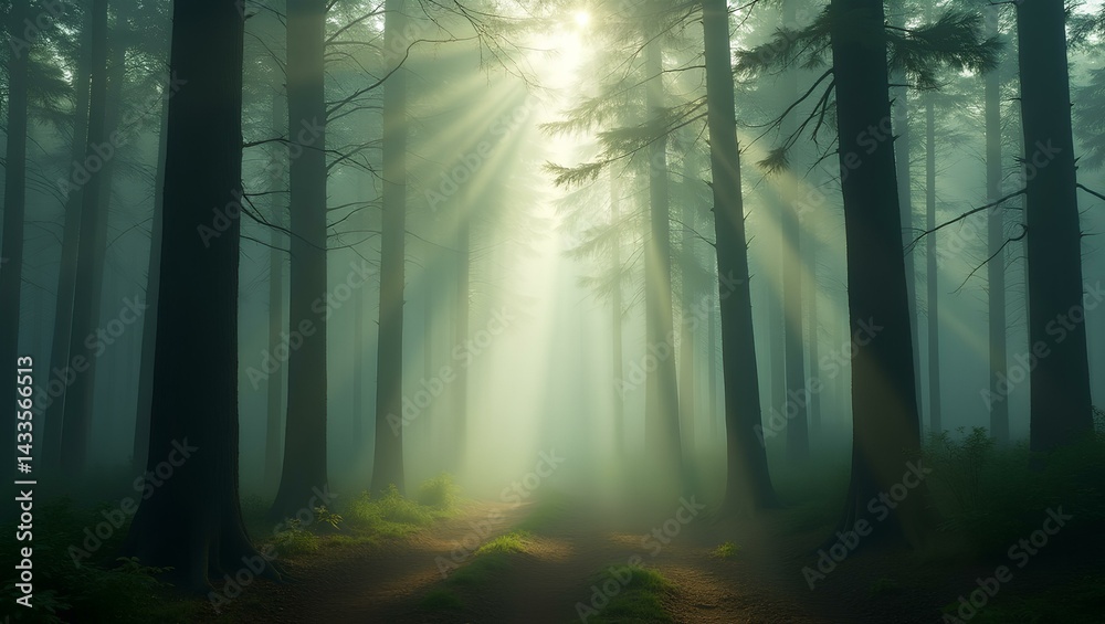 Fototapeta premium Morning Mist in Forest – Serene and Mystical Nature Concept