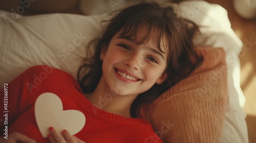 Preteen Caucasian girl lying, smiling, holding heart shape; expresses warmth, comfort, love, happiness, innocence. photo
