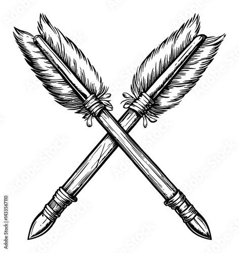 Intricate Engraving of Crossed Feathered Arrows in Black and White