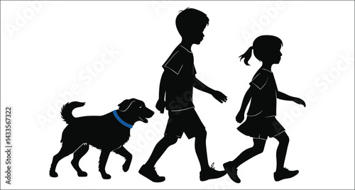 Silhouette Of Boy Girl And Dog Walking Together On A White Background