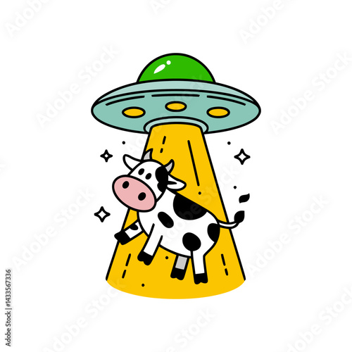 Bilde på lerret Cartoon Cow Abduction by UFO Colorful Illustration