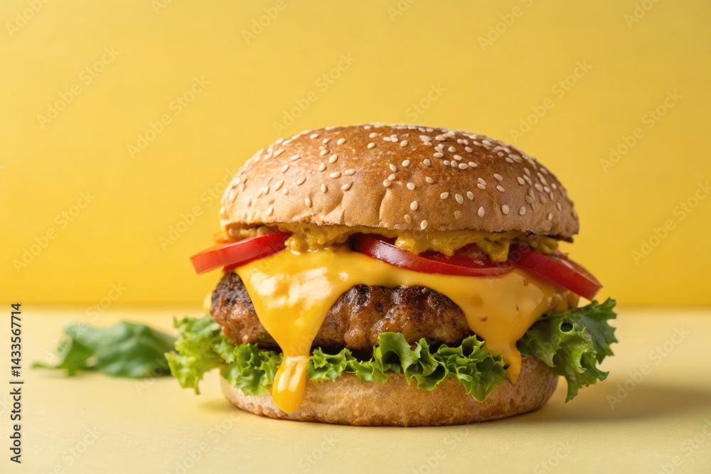 Classic cheeseburger with melted cheddar and fresh lettuce on a vibrant yellow background