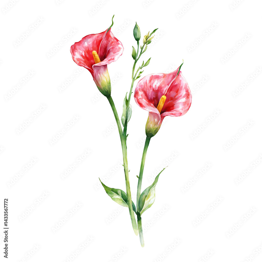 Two Pink Calla Lily Flowers with Green Stem Isolated Hand Drawn Watercolor Painting Illustration Two Pink Calla Lily Flowers with Green Stem Isolated Hand Drawn Watercolor Painting Illustration