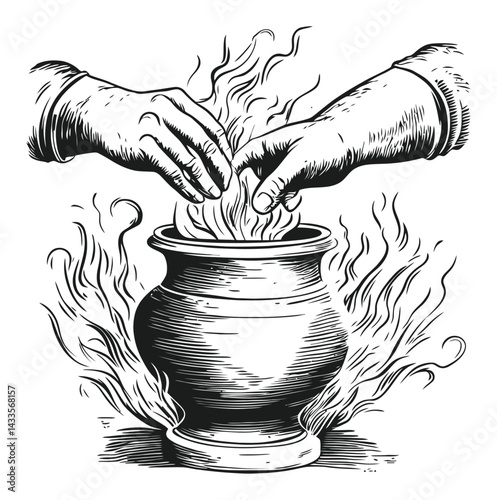 Hands Engaging with Flames Above Pot in Engraving Style Illustration