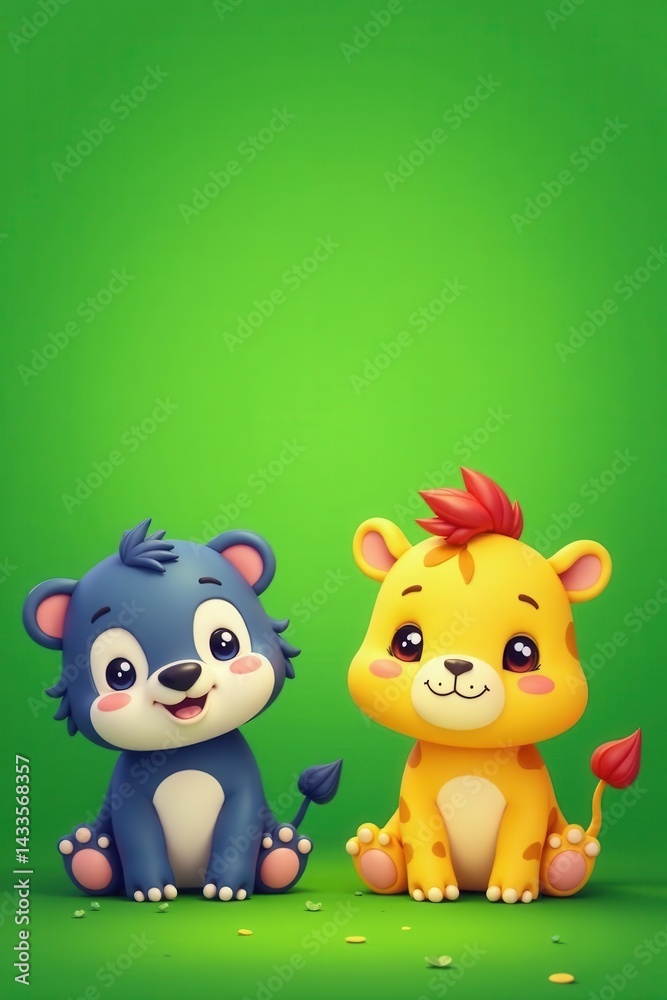 Naklejka premium Adorable cartoon zoo animals in vibrant colors on a green background, bright, meadow