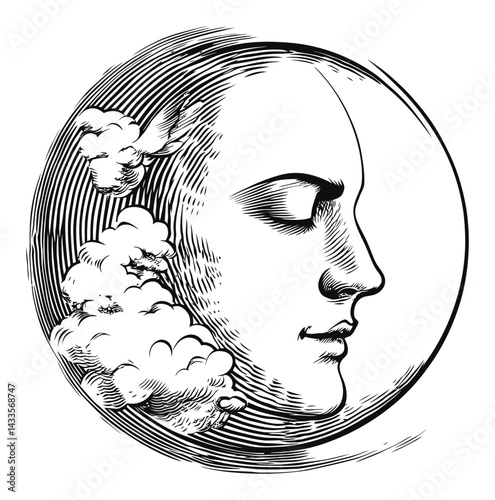 Ethereal Moon Face Engraving with Wispy Clouds in Black and White