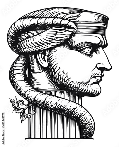 Detailed Engraving of a Serpent-Wrapped Head Sculpture