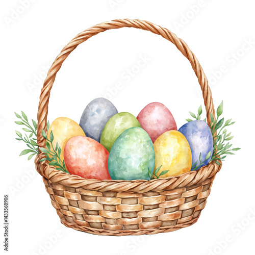 Colorful Easter Eggs in Wicker Basket with Leaves Isolated Hand Drawn Watercolor Painting Illustration
