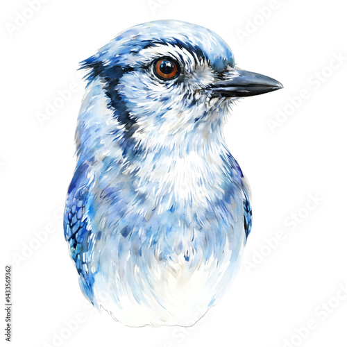 Beautiful Blue Jay Bird Head Portrait Closeup Isolated Hand Drawn Watercolor Painting Illustration
