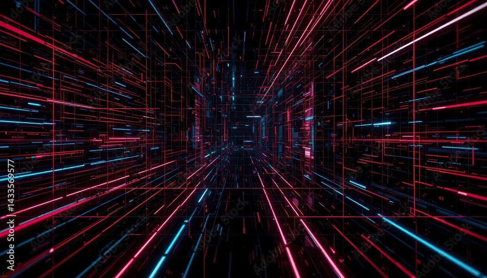 Obraz premium Abstract Digital Corridor Red Blue Neon Lines Data Stream
