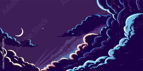 Night Sky Cloudscape: Crescent Moon & Stars