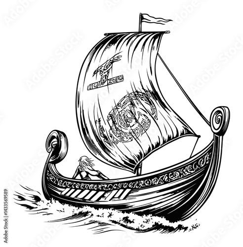 Viking Ship Engraving with Sail and Character in Black and White