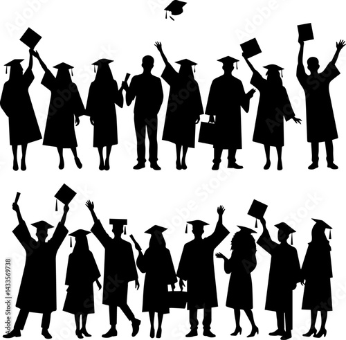 Silhouettes of Graduates Celebrating – Graduation Cap and Gown Group Illustration