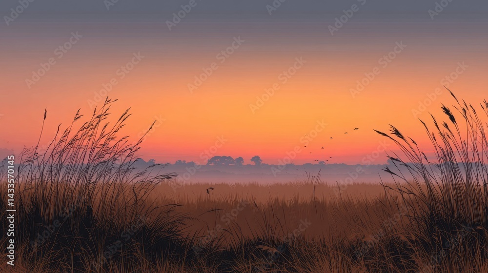 Obraz premium Sunset over marshland with mist rising from grassy meadows under a fading sun in a serene landscape