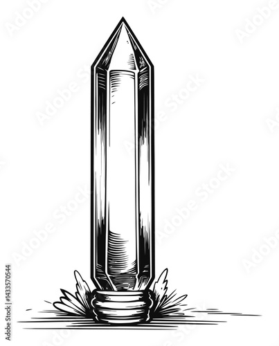 Detailed Engraving of a Crystal Obelisk with Ornate Base Design