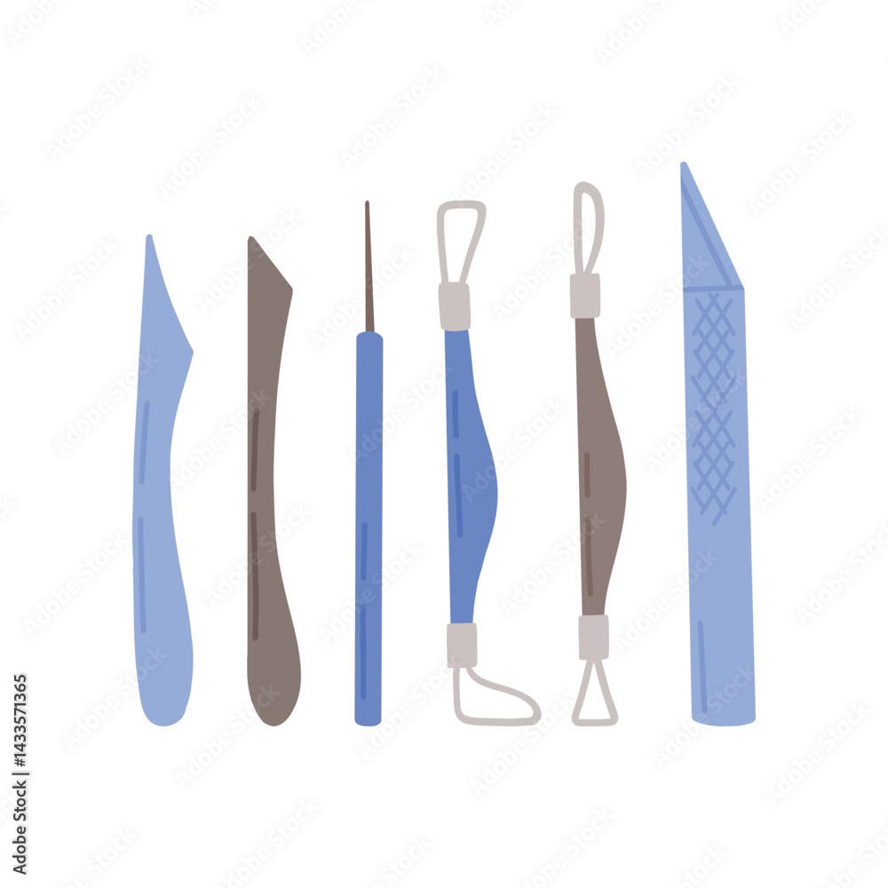 A set of modern pottery tools. A collection of wooden tools for making clay sculptures. Equipment for an art studio. Vivid vector illustration. Vector illustration A set of modern pottery tools. A collection of wooden tools for making clay sculptures. Equipment for an art studio. Vivid vector illustration. Vector illustration
