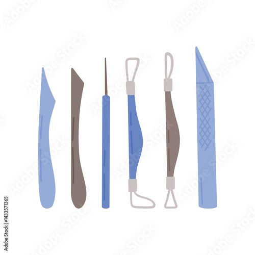 A set of modern pottery tools. A collection of wooden tools for making clay sculptures. Equipment for an art studio. Vivid vector illustration. Vector illustration