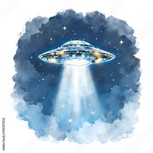 UFO Ship Shining in the Night Sky with Beam Isolated Hand Drawn Watercolor Painting Illustration