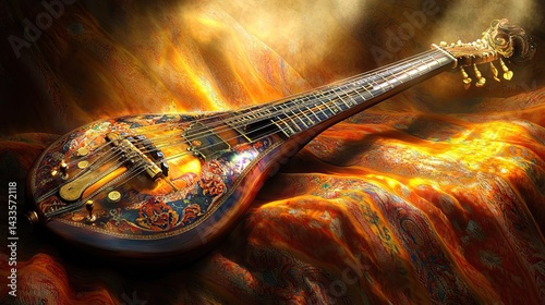 Traditional sitar lying on ornate fabric with spotlight accenting its curves