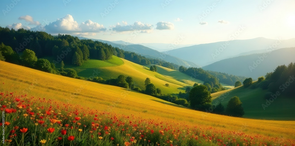 Fototapeta premium Rolling hills, vibrant fields, distant forest, spring, countryside