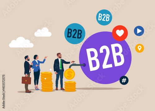 Time is money. B2B word in speech bubble with money. Financial investments. Business team and dollar coins out of the tap. Flat vector illustration