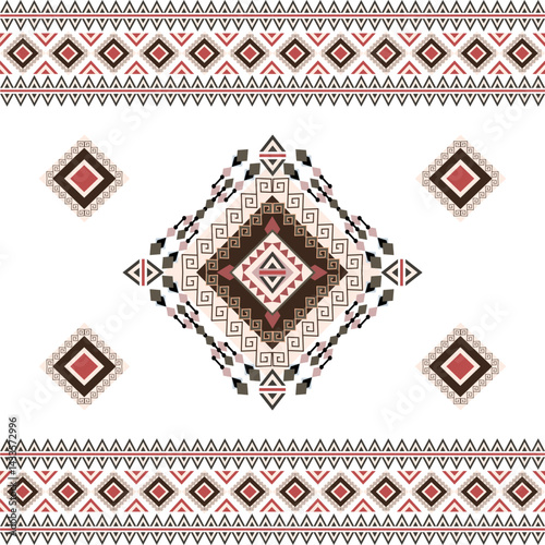 Red and brown geometric ethnic seamless pattern. Aztec, boho, and Indian motifs. Vector texture. Design for textiles, wallpaper, curtains, elaborate borders, and rugs.