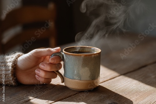 A cozy moment captured as a hand holds a steaming cup of coffee, radiating warmth in a peaceful setting. Perfect for lifestyle and beverage themes.