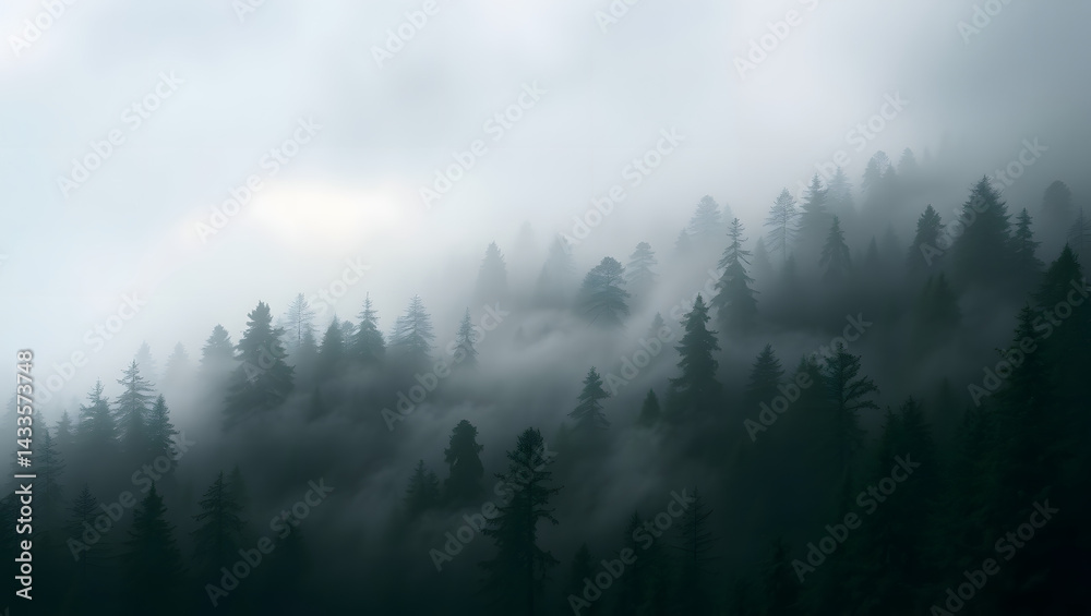 Naklejka premium Mystical Fog Rolling Through a Rising Forest Landscape
