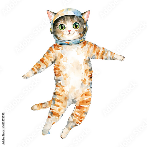 Cute Cat Astronaut Floating in Space Watercolor Illustration Isolated Hand Drawn Watercolor Painting Illustration