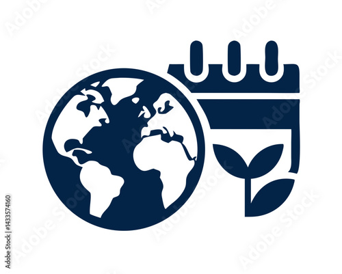 Earth Day celebration icon with globe and plant symbol  