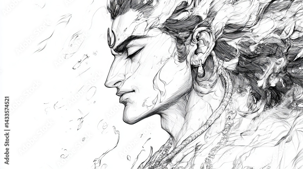 Fototapeta premium Intricate Line Drawing Pen Sketch Black White Male Portrait Artistic Monochrome Elegant Detailed Headshot Intense Gaze Serene Expression Stylish Hair 