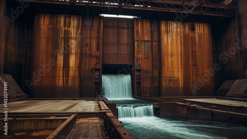 Retro-futuristic rusted dam with large metal panels and water cascading from openings